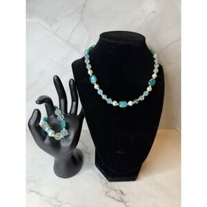 Jewelry set necklace and bracelet blue,‎ pearl with seaglass like beads handmade